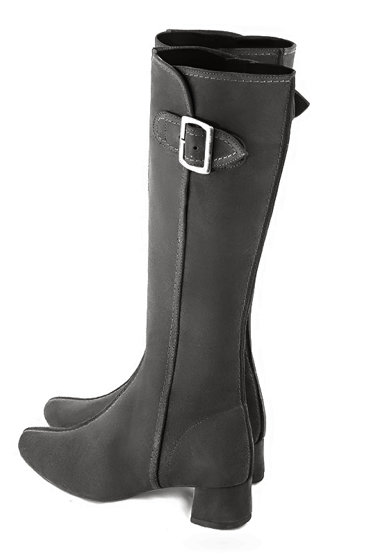 Dark grey women's knee-high boots with buckles. Round toe. Low flare heels. Made to measure. Rear view - Florence KOOIJMAN